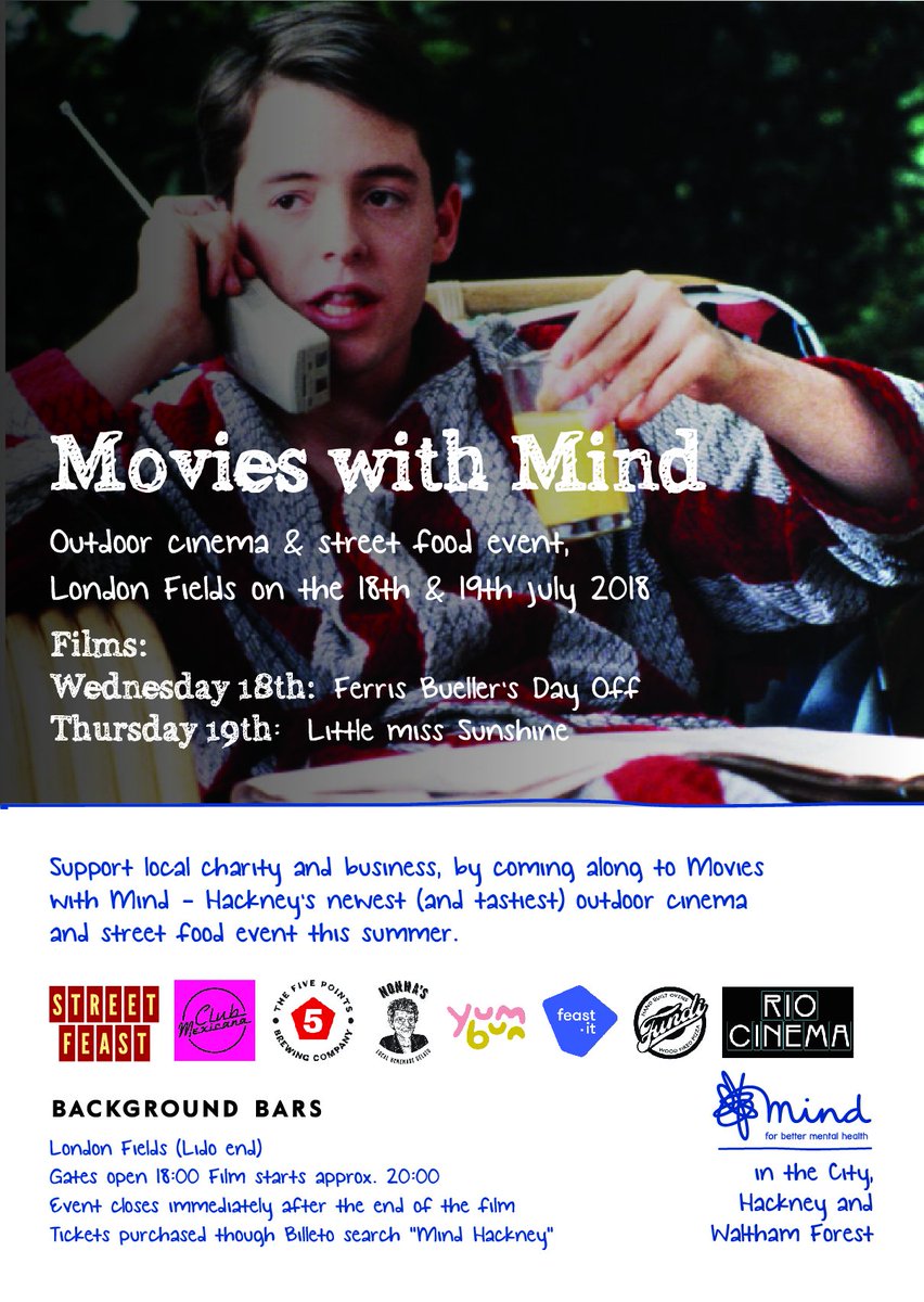 mindchwf's tweet photo. Which will you choose... Ferris Bueller or Little Miss Sunshine?! It's a tough one! Come and enjoy delicious street food and a fun film while supporting better mental health in #Hackney. Join us in London Fields this July! Tickets here: https://t.co/AP6jTSdL9e #movieswithmind https://t.co/MRP0UYl9x0