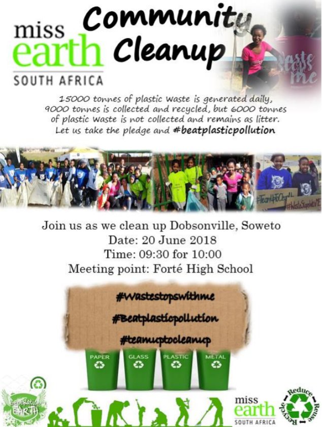 Join us tomorrow as we #beatplasticpollution 🌍💪💚
Please d.m me for more information or to confirm your attendance ♻️
@missearth_sa @EllaBellaC @ChangeAgentSA @sa_fusion @CleanerJoburg 
#wastestopswithme  #beatplasticpollution #earthwarrior #MissEarthSA2018 #generationearth