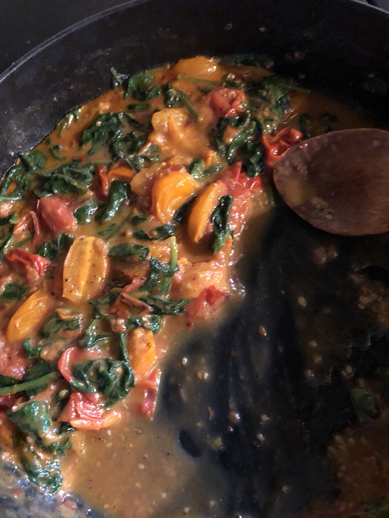 Mmm. Sautéed tomatoes with wilted spinach. Dip some gluten free toast in this and reimagine breakfast. https://t.co/MrGNSywMEI