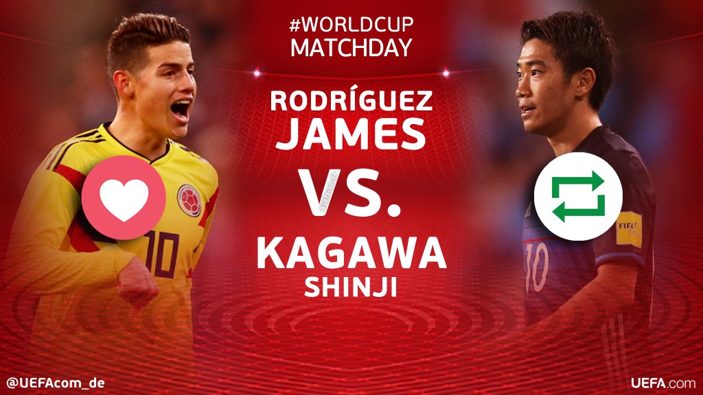 #WorldCup Matchday 🙌🎉⚽️
      
❤ = <a href="/jamesdrodriguez/">James Rodríguez</a> 🇨🇴
🔁 = <a href="/S_Kagawa0317/">Shinji Kagawa / 香川真司</a> 🇯🇵
     
#WM2018 #COLJPN <a href="/FCFSeleccionCol/">Selección Colombia</a> <a href="/jfa_samuraiblue/">サッカー日本代表 🇯🇵</a> <a href="/FCBayern/">FC Bayern München</a> <a href="/BVB/">Borussia Dortmund</a>