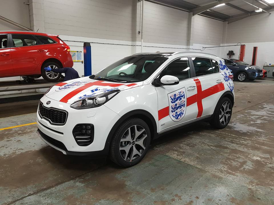Bodyart_Ad's tweet photo. After Englands win yesterday it seems only right we showcase the gorgeous cars we did in support of them for Kia and VW! 
Fancy having your car 'worldcup-ified'? Why not get in contact and see what we can do, whether it be a small sticker or full car, we can do it all! https://t.co/Ik8JfJhqTs