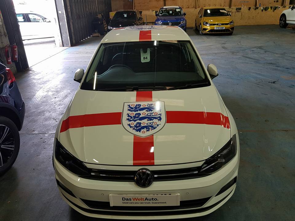 Bodyart_Ad's tweet photo. After Englands win yesterday it seems only right we showcase the gorgeous cars we did in support of them for Kia and VW! 
Fancy having your car 'worldcup-ified'? Why not get in contact and see what we can do, whether it be a small sticker or full car, we can do it all! https://t.co/Ik8JfJhqTs