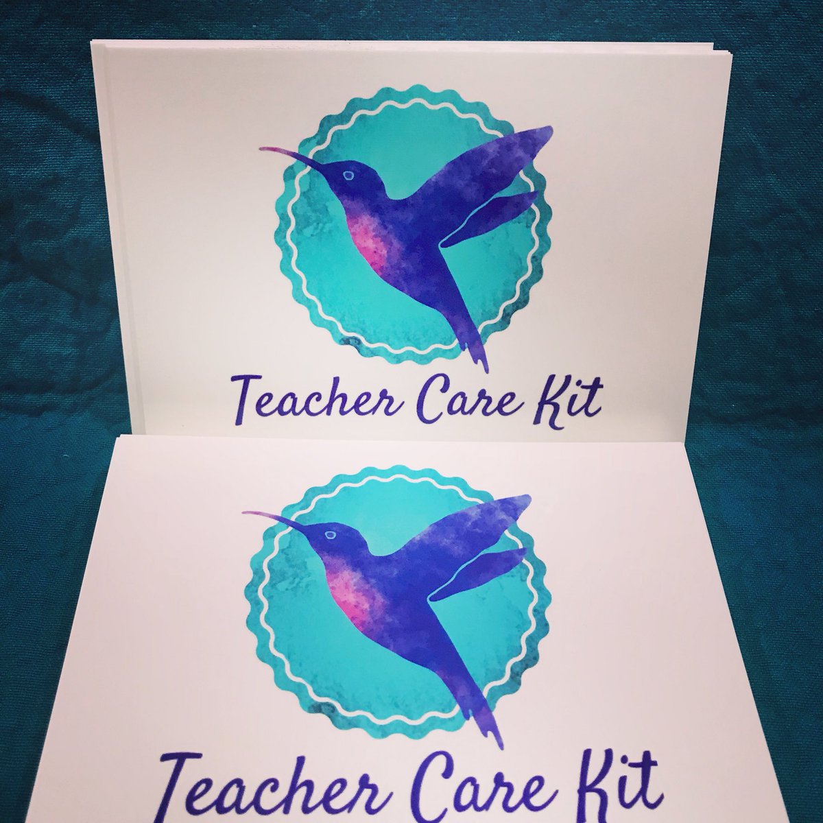 Our box cards are here! Five amazing items are listed on the back. 
Something to wear, for the body, mind, school &amp; home. #teachercarekit