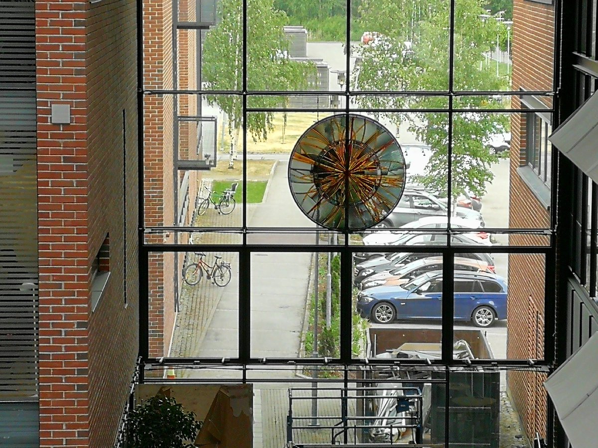 Just received this snap (must go &amp; take some photos!) from the collections manager at Aalto. The ATLAS visualisation stained glass has a permanent home in Helsinki and I couldn't be more delighted! Thanks to everyone who kindly offered alternative options! crystalbennes.com/portfolio/atla…