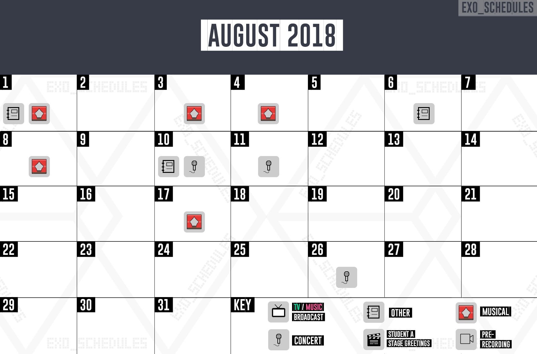 EXO SCHEDULE on Twitter: "August 2018 🗓 #EXO's monthly schedule 🕘 As of