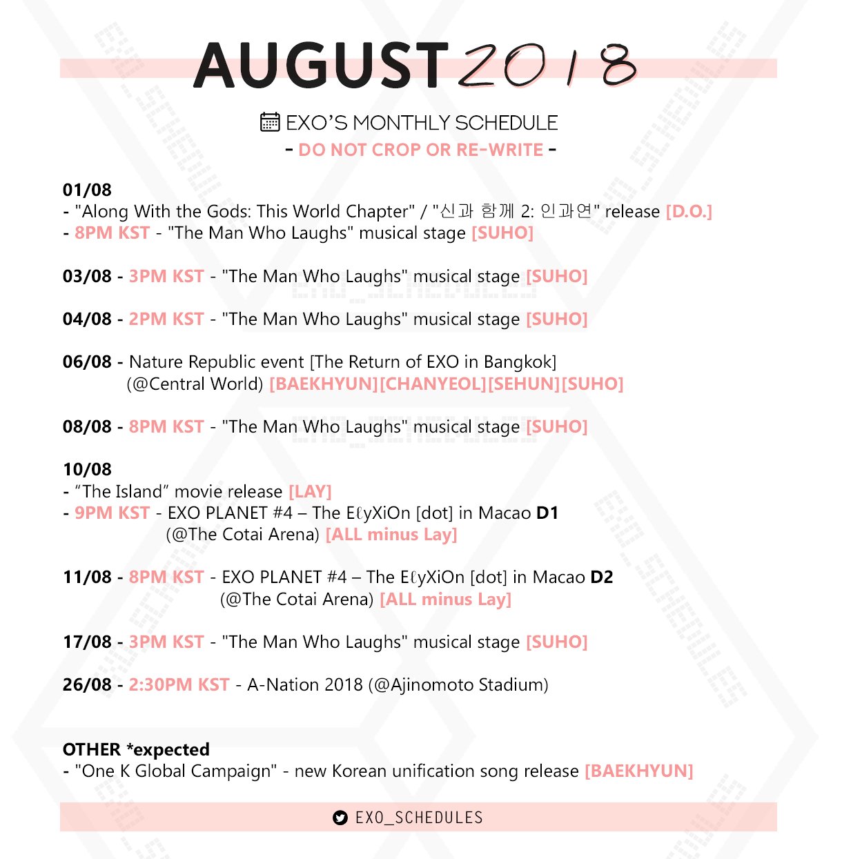 EXO SCHEDULE on Twitter "August 2018 🗓 EXO