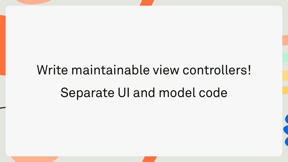 objcio's tweet image. Swift Tip: Separate UI and Model Code 🖇

Separating code which updates your UI from code that provides data for those updates is a great way to keep your view controllers clean and understandable! 

objc.io/blog/2018/06/1…