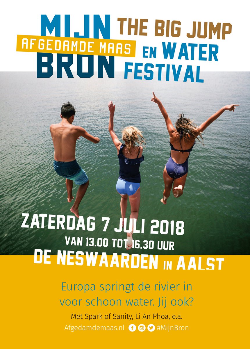 AfgedamdeMaas's tweet photo. The Big Jump &amp; Waterfestival: Europa springt de rivier in voor schoon water. Jij ook? Kom op zaterdag 7 juli naar de Neswaarden in Aalst en spring de Afgedamde Maas in. Kijk op https://t.co/dp2p0WBuvs voor meer info. #MijnBron https://t.co/Tw6rfMRd8Z