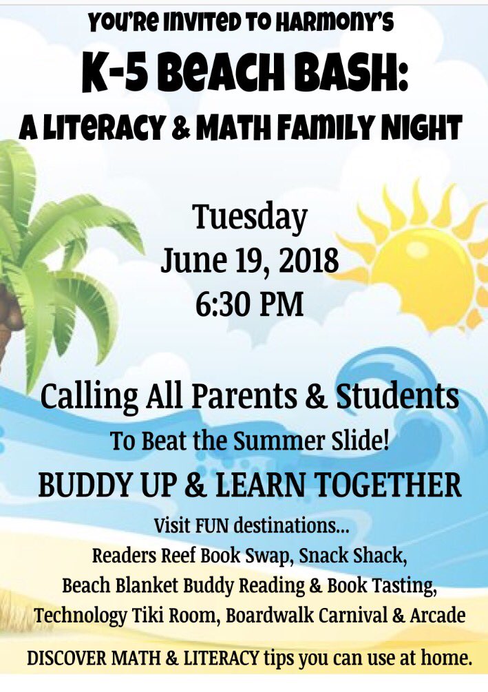 Laurie Brooks (@ms_lbrooks) on Twitter photo Harmony Friends! Join us tonight at 6:30 for our first ever Beach Bash! Flex those reading & math muscles with your family & get ready for SUMMER! πͺπ»ππ #MTPSPride <a href="/Harmony_NJ/">Erik M. Paulson</a> Harmony Friends! Join us tonight at 6:30 for our first ever Beach Bash! Flex those reading & math muscles with your family & get ready for SUMMER! πͺπ»ππ #MTPSPride <a href="/Harmony_NJ/">Erik M. Paulson</a>