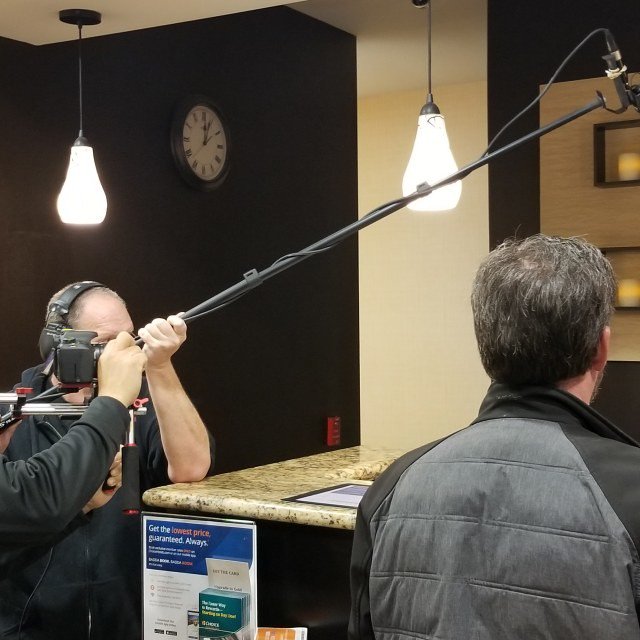 exitbagmovie's tweet image. Sound Assistant Doug Gossman works to get the boom mic in the right place for recording dialog while shooting The Exit Bag