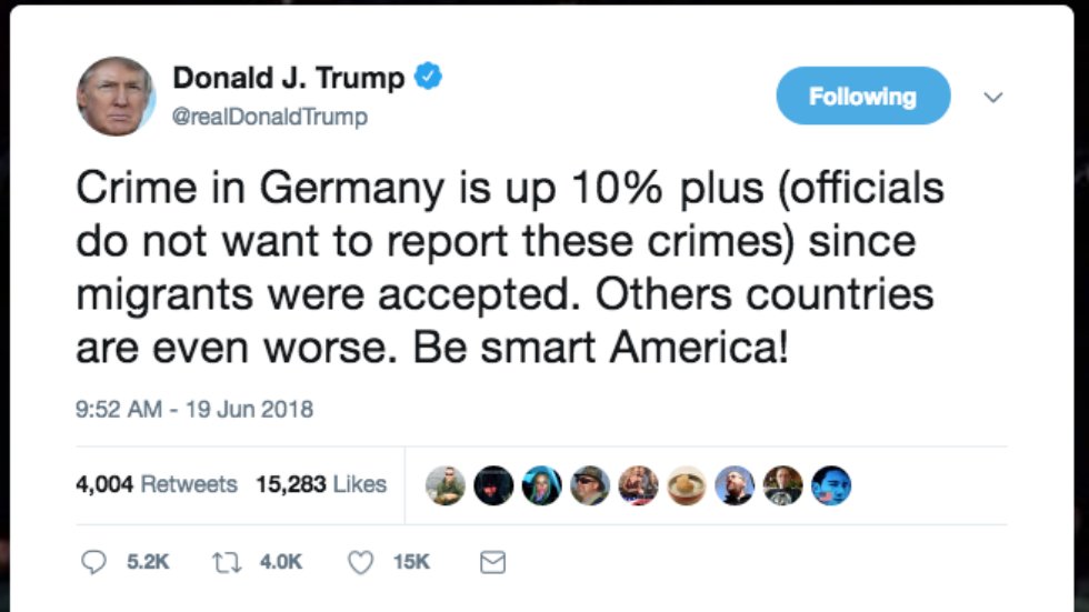 thehill's tweet image. JUST IN: Trump falsely claims Germany has migrant-driven crime wave hill.cm/yaz4poT