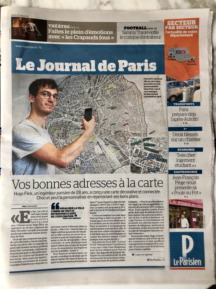 UGoMap's tweet image. Merci @LeParisien_75 !
Quelle fierté d'avoir une pleine page dans le quotidien des Parisiens :-)
Pour en savoir plus et soutenir mon projet -&amp;gt; fr.ulule.com/ugomap/
#Paris #innovation #startup #entrepreneuriat @julienduffe