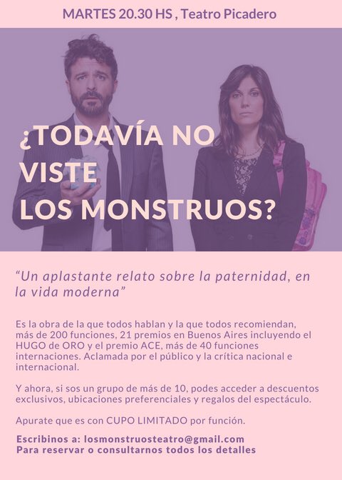 Hoy hay MONSTRUOS! Que esperas para venir? <a href="/natucociuffo/">natalia cociuffo</a> @EmilianoDionisi <a href="/TeatroPicadero/">Teatro Picadero</a> 
#despedida