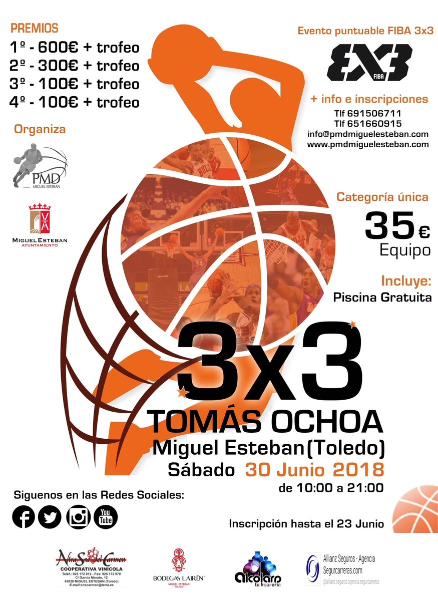 Últimas inscripciones disponibles para el <a href="/3x3TomasOchoa/">3x3 Tomás Ochoa</a>. No te quedes sin plaza para participar en este torneo, puntuable para <a href="/FIBA3x3/">3x3 Basketball | FIBA3x3</a>.
Grandes premios y un gran ambiente de baloncesto y diversión nos espera!! Que no te lo cuenten!!
