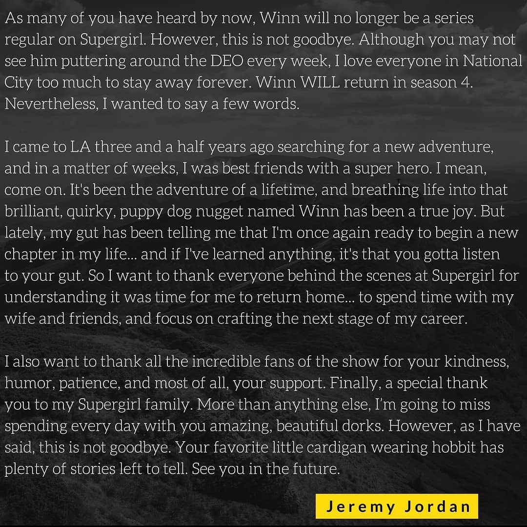 SuperGirlFr's tweet photo. #SpoilerAlert #Info Le personnage de Winn ne sera plus un personnage régulier pour la saison 4 de #Supergirl . Jeremy Jordan à posté un message sur Instagram pour remercier l'équipe de la série, les fans et pour expliquer ce choix. https://t.co/bt5WhqGGVD