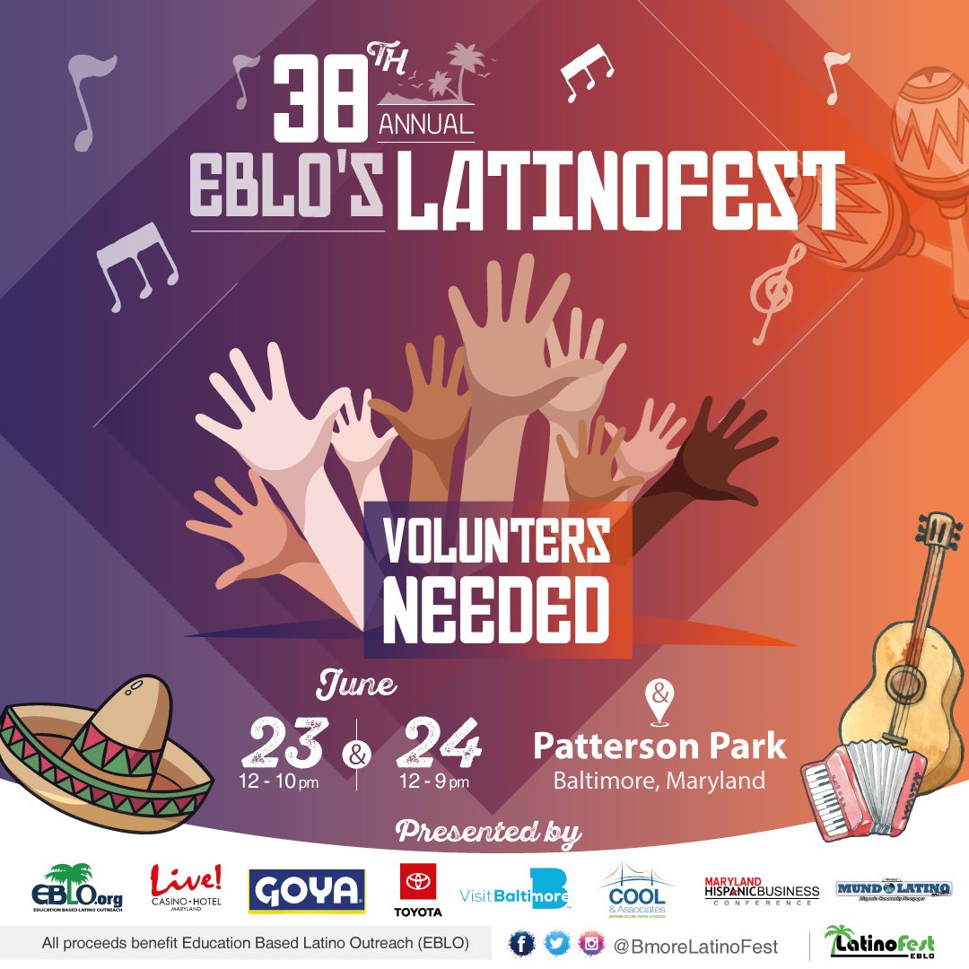 Interested in volunteering for the <a href="/EBLOBmore/">EBLOBmore</a>’s LatinoFest? Sign up here today! --> goo.gl/forms/vT3CKIlQ… Deadline: June 20, 2018 #BmoreLatinoFest #volunteers #Baltimore #Maryland #PattersonPark