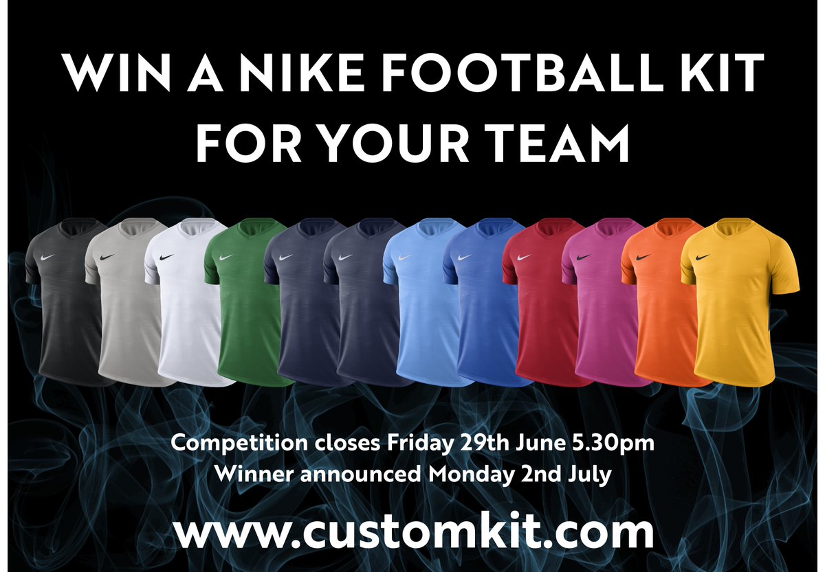 NIKE FOOTBALL KIT COMPETITION

Win a Nike football kit for your club worth over £680. Kit includes club logo, Customkit sponsors logo and shirt numbers for 14 outfield plus GK.

Simply retweet this to enter.

#football #kit #CompetitionTime #England
