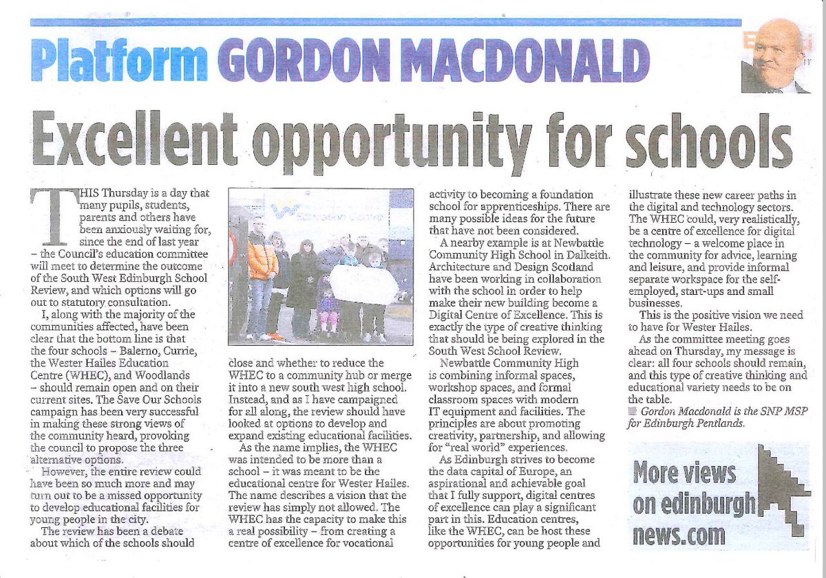 GMacdonaldSNP's tweet photo. My article in today’s Evening News @SavetheWHEC @SaveCurrieHigh highlighting that the WHEC could be a digital Centre of Excellence. https://t.co/5YVJdipDVf https://t.co/lfxArx8vda