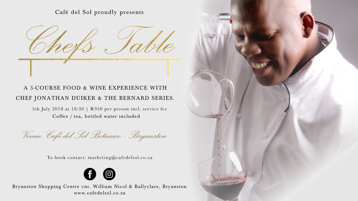 CafeDelSol1's tweet photo. This should be an awesome #ChefsTable with @Bellinghamwines #BernardSeries
@TopSARestaurant
@FineDiningSA
@DineSouthAfrica
@RestaurantsinSA
@SAFoodTravel
@michaelfridjhon
@WineTourismSA
@winecoza
@winestylesa
@Winemag
@WineExtra
@capewinereview https://t.co/CPcFsol1qo