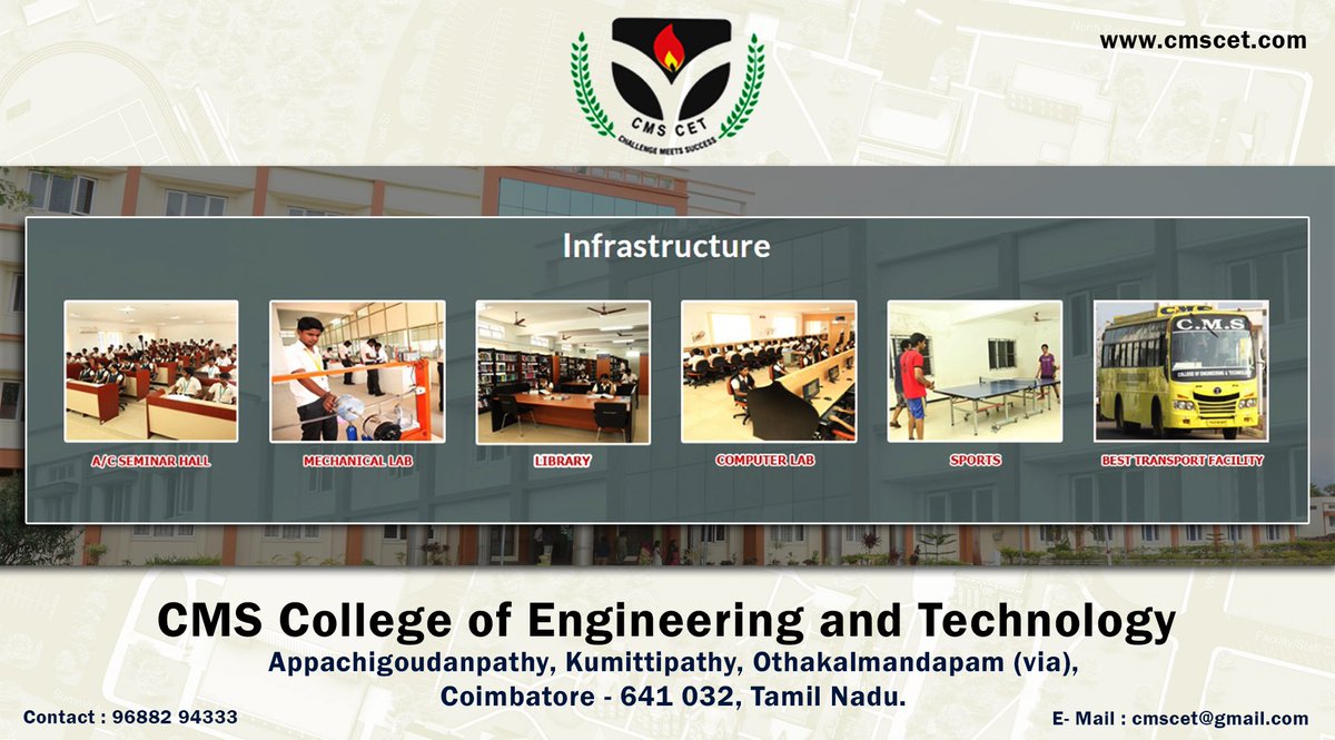 CMS College of Engg & @cms_of infrastructure details : Infrastructure:
1.A/C Seminar Hall #ACHall
2.#MechanicalLab
3.#Library
4.#ComputerLab
5.#Sports
6.#BestBusFacilityServices
#EngineeringCollege #EngineeringCollegeinCoimbatore