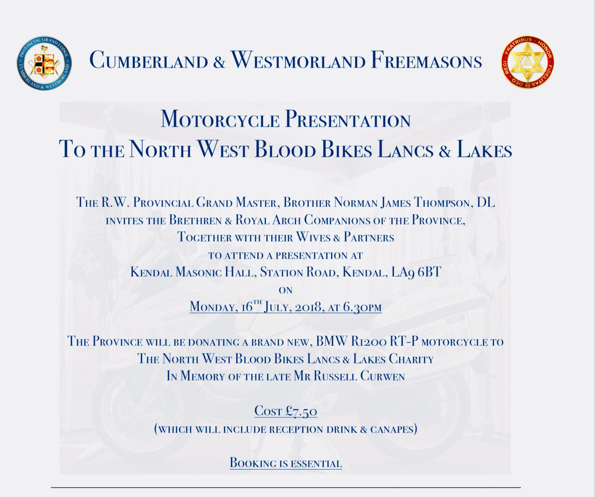 pendragon3481's tweet photo. Excellent news, the @ProvinceofCandW will be making a presentation to the North West Blood Bikes Lancs & Lakes charity, #nwbbll on Monday 16th July at Kendal Masonic Hall #Cumbria. Bookings via R. Cowie, M. Collins or lodge secretaries. #NotJustLakes #MadeinCumbria #Freemasons https://t.co/kSH9eOhdJG