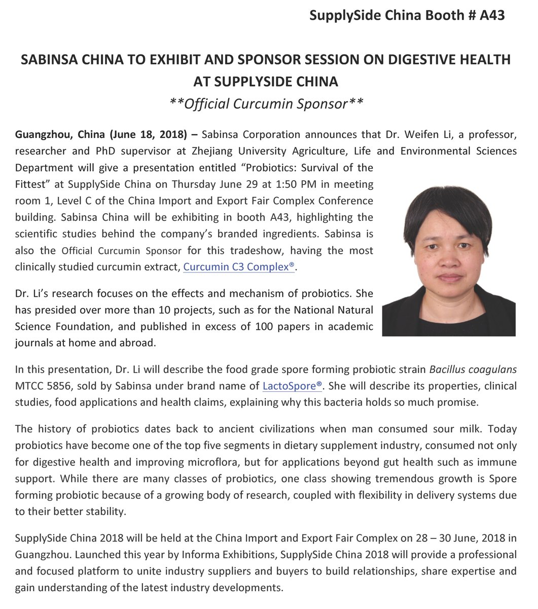 samidirect's tweet image. SABINSA CHINA TO EXHIBIT AND SPONSOR SESSION ON DIGESTIVE HEALTH AT SUPPLYSIDE CHINA **Official Curcumin Sponsor**
#CurcuminC3Complex #DigestiveHealth