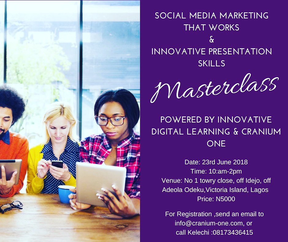 idl_ng's tweet photo. Guys,it is going to be fantastic, come on and get some great insights on establishing your brand, making noise and selling the value of that you bring.#socialmediamarketing #naijastartup #Nigerians #MASTERCLASS #lagos #lagostraining #socialmedia @Cranium_One @idl_ng https://t.co/k3FhrsEew0