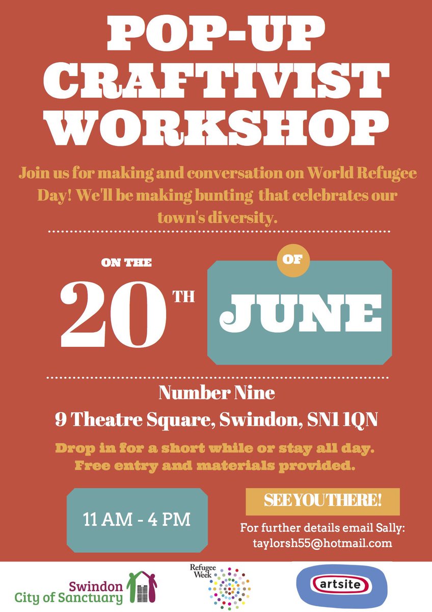 Join us tomorrow at <a href="/Artsiteltd/">Artsite ltd</a>’s Number Nine for <a href="/RefugeeWeek/">Refugee Week 🧡</a>! I’ll be there on my lunch break, hope to see some of you there! Please RT #swindoncraftivists #refugeeweek #swindon
