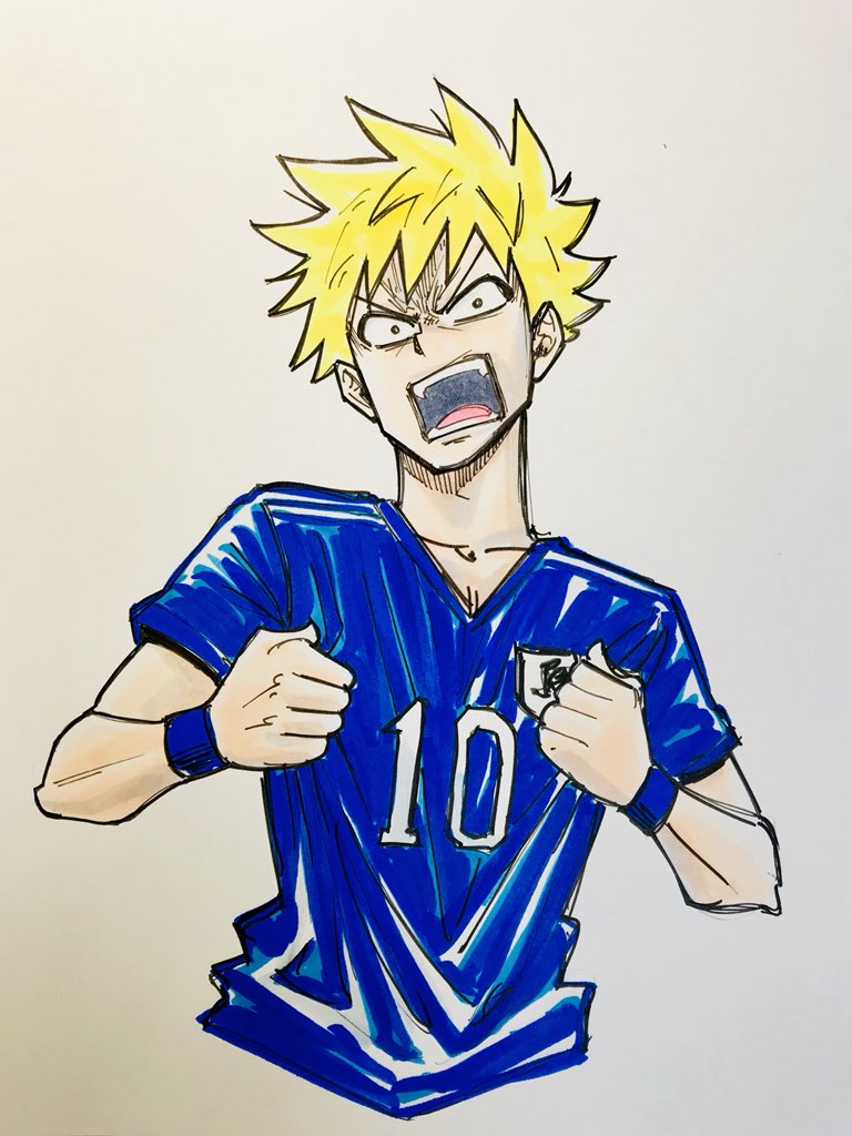 1boy male focus blonde hair solo open mouth sportswear blue shirt  illustration images