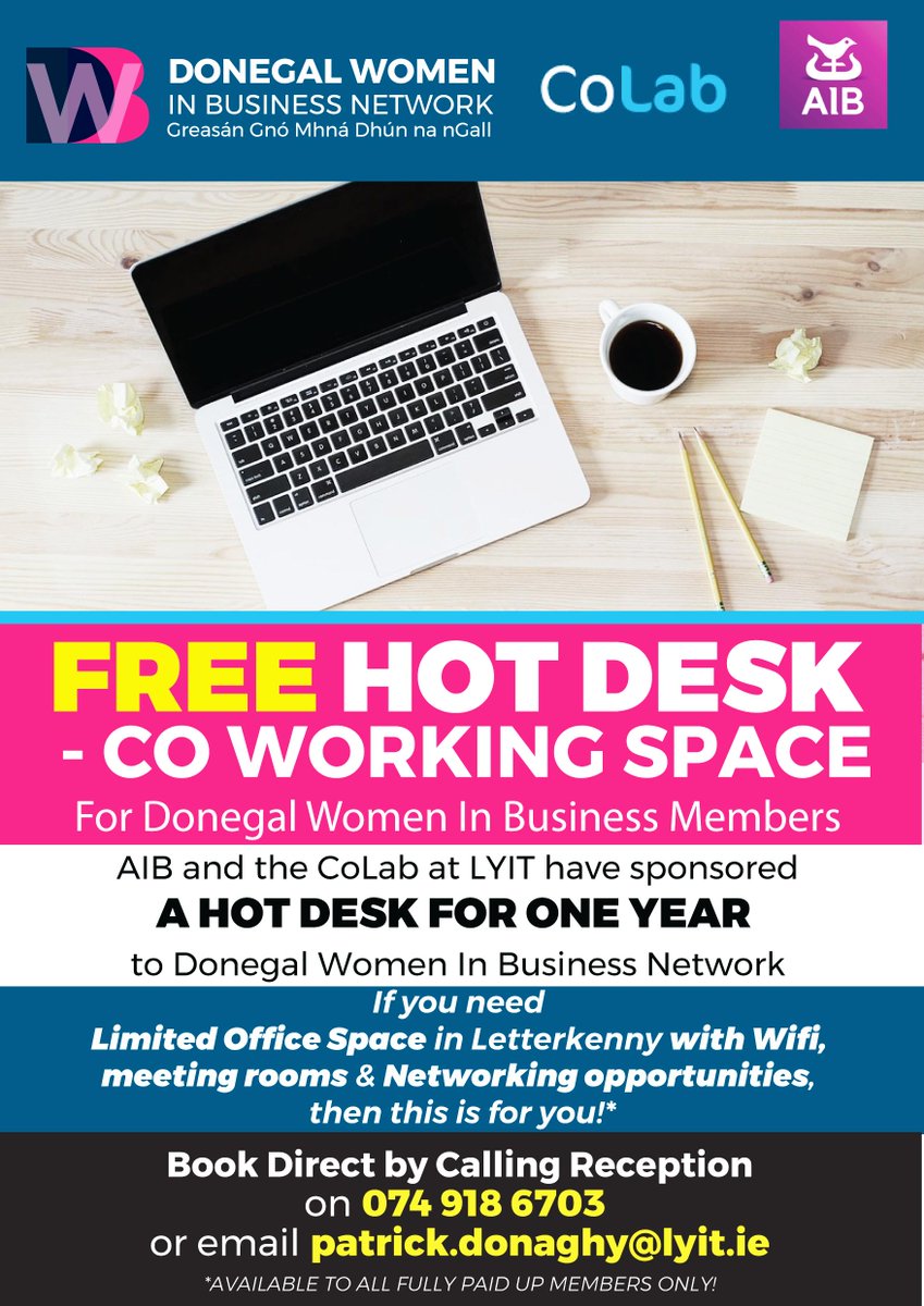 DonegalWB's tweet photo. BOOK HERE  https://t.co/9tj7GFXTaK launch of our #hotdesk from #colab and #backedbyAIB @DonegalDigital @DonegalHour @donegalmammy @dunmore_garden @DonegalLEO @FloorItLk @jasmb2014 @DeirdraFriel  @GallinaghKaren https://t.co/qz1JXiWd4w