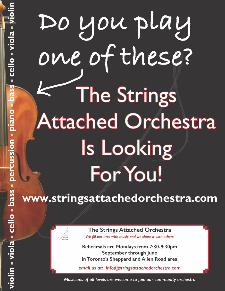 SAOrchTO's tweet image. Do you play #violin #viola #cello or #stringBass ? If so @SAOrchTO is #LookingForYou!!! Musicians of all ages and ability levels are invited to come try our #CommunityOrchestra in September! contact us by email at info@stringsattachedorchestra.com.
