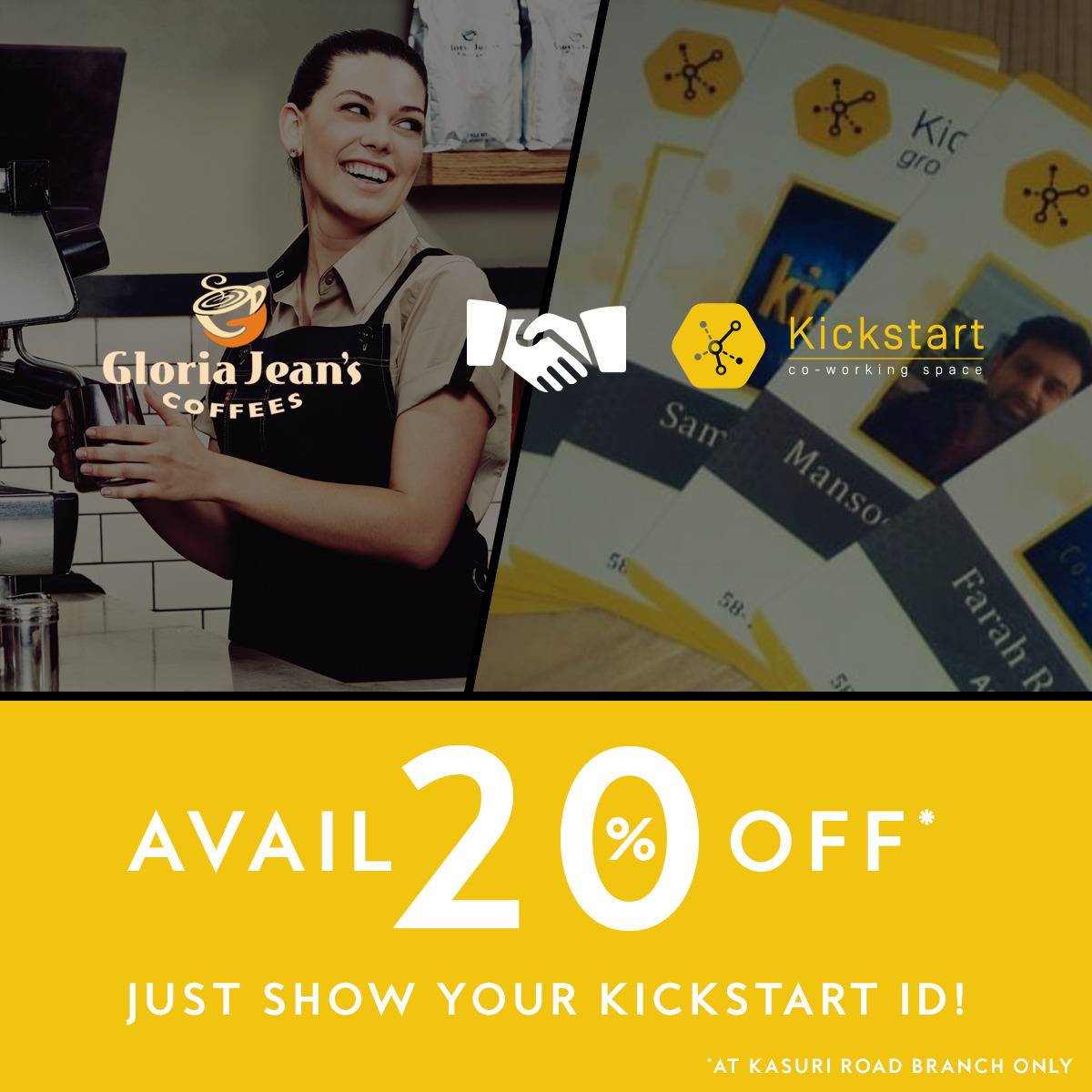 kickstartpk's tweet photo. Good news for all members!
 
Our members can now avail a 20% off on all your purchases from Gloria Jeans by simply showing your Kickstart ID.
 
The offer is valid at Gloria Jeans, Kasuri Road so head over soon and avail your discount!

#kickstart #gloriajeanscoffees #discount https://t.co/cyIhxfmjWA