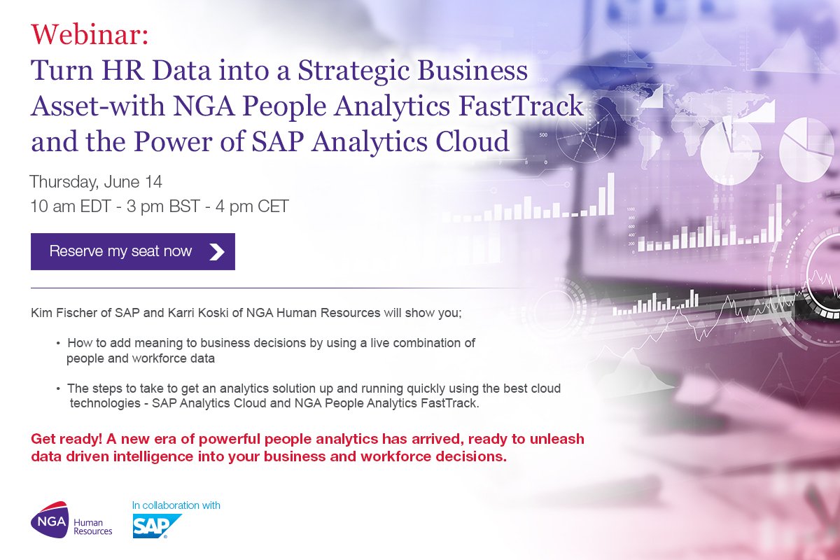 NGAHR's tweet photo. Kim Fischer of #SAP &amp; Karri Koski of #NGAHR will join forces tomorrow at #SuccessConnect to show you how to turn your HR data into smart BI using SAP #AnalyticsCloud &amp; NGA People Analytics FastTrack. https://t.co/DphTLdpRFj #DigitalHR #Payroll #Analytics https://t.co/0hQXeWORvG