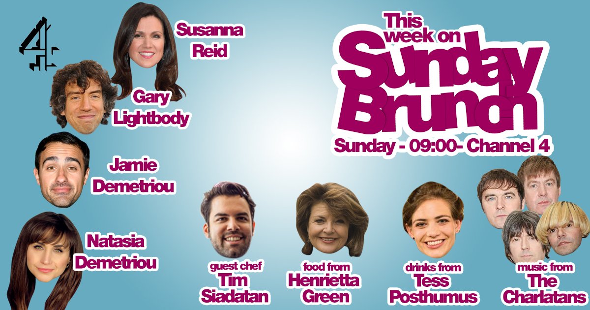 SundayBrunchC4's tweet image. 🚨 THIS WEEK ON SUNDAY BRUNCH 🚨 @susannareid100, @garysnowpatrol, @JamieTonight &amp;amp; @Natasia1andonly will be joining us. PLUS Guest Chef #TimSiadatan, drinks expert @tessposthumus, food from @HenriettaGreen &amp;amp; LIVE MUSIC from @thecharlatans 🤘We start early at 9:00AM this week! ⏰