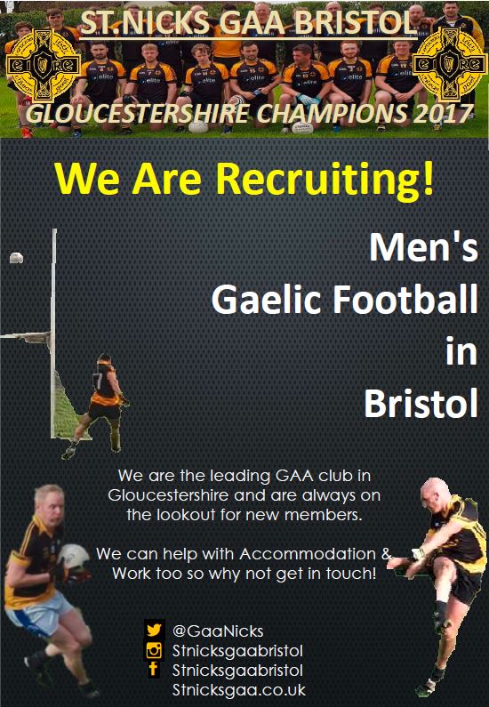GaaNicks's tweet image. Looking to play GAA and living in Bristol or surrounding areas? St @GaaNicks welcomes players of all abilities to join our squad. Competitive training, matches and a lively social scene just a couple of things we provide. @BristolLive @bristol247 @BPCGAA