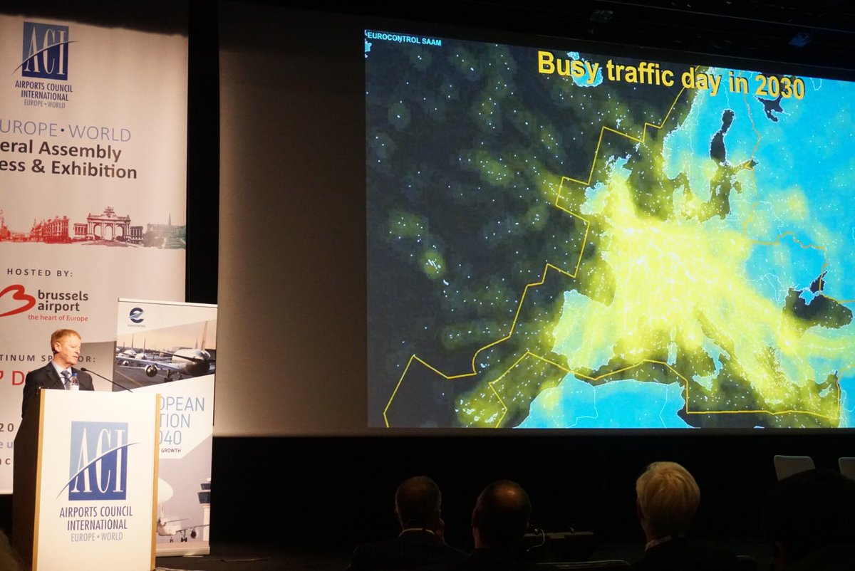ACIWorld's tweet photo. .@eurocontrolDG shows delegates what flight traffic will look like in Europe in 2030.  #WAGA2018 #aciBrussels https://t.co/ed4Bho0jmg