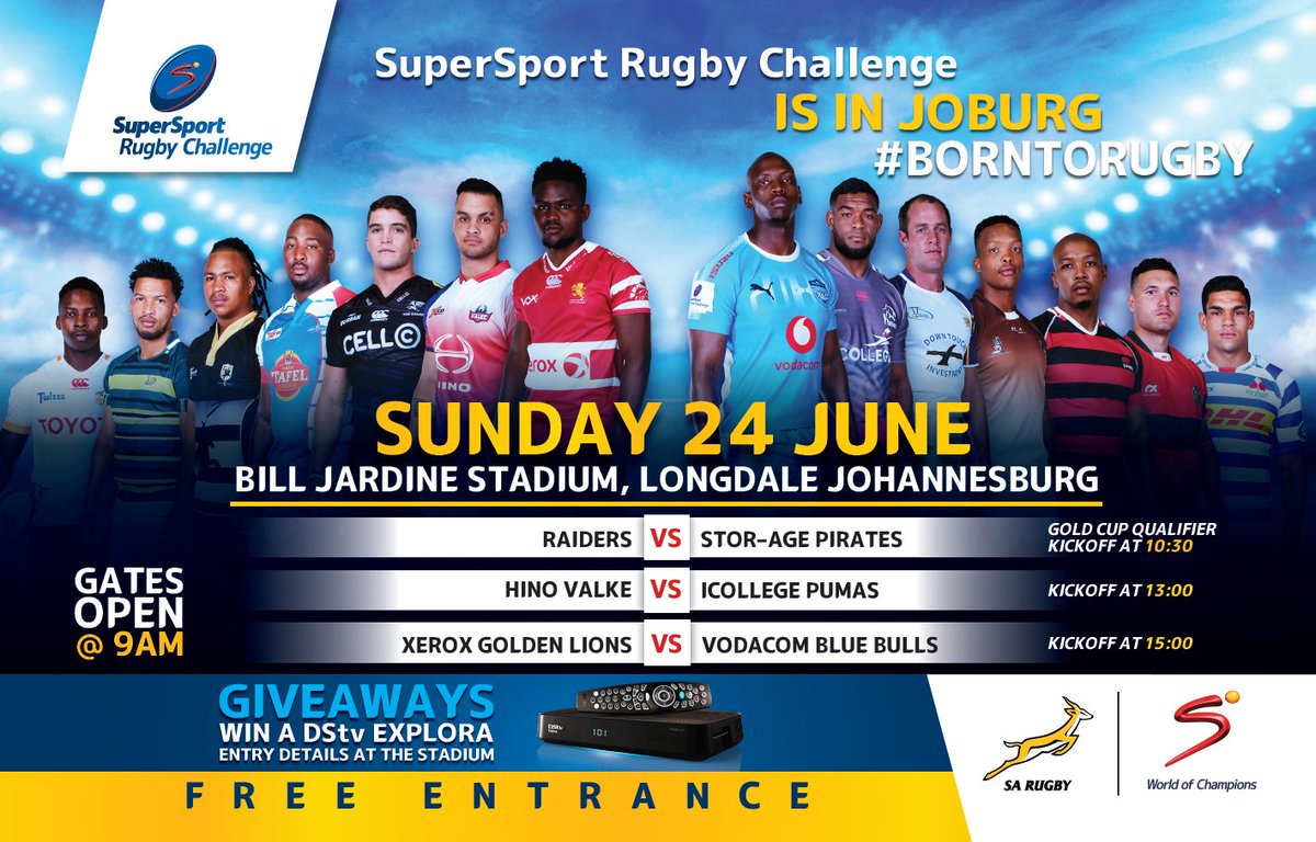 rugbychallenge's tweet photo. RUGBY IS IN JOHANNESBURG🏉🔥❗

The SuperSport Rugby Challenge heads to Bill Jardine Stadium this Sunday for another fantastic festival.

Gates open at 9AM and tickets are FREE on a first come, first served basis.
All matches will be LIVE on SuperSport. 

#BornToRugby https://t.co/osVj7YLAKk