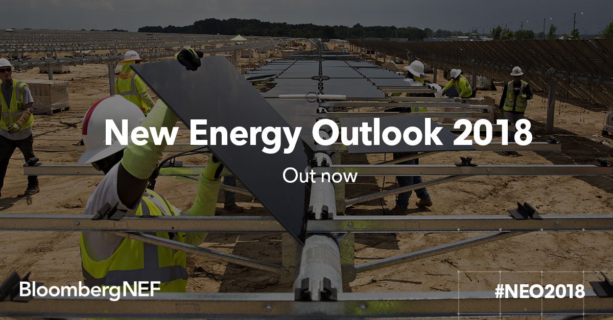 #NEO2018 is out! 

Highlights: 
- Wind &amp; solar will surge to '50 by 50' - 50% of world generation by 2050
- Batteries play a key role in the transition to '50 by 50'
- Coal will shrink to 11% of electricity generation by 2050

Learn more from the report: bloom.bg/2t914am