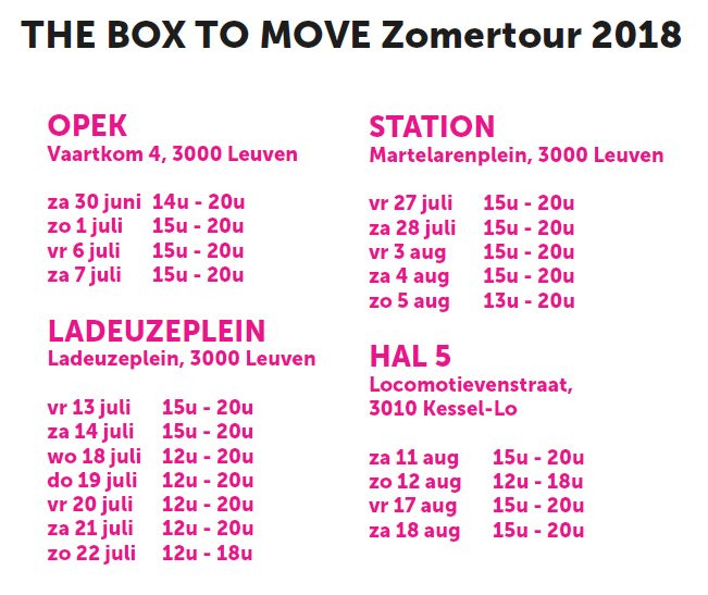 marchast's tweet photo. Ben jij klaar voor #theboxtomove Zomertour 2018?!?! Noteer alvast onderstaande data met stip in je agenda! 😎 Kijk waar &amp; wanneer jij @theboxtomove kan komen ervaren en maak je klaar voor een hele zomer in beweging! @TofsportLeuven @lcgrts @toyfoo @JensDawn #move2create https://t.co/UFytHwo91v