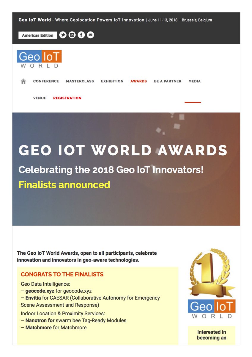 Matchmore_SA's tweet photo. Last week, we were among the 8 finalists in the yearly Geo IoT World Awards organized by @GeoIoTWorld! There were four different categories in the award, and we were nominated in the category Indoor Location & Proximity Services. #GeoIoTAwards #GeoIoT #Matchmore #proximityservice https://t.co/bOvVMoHE0G