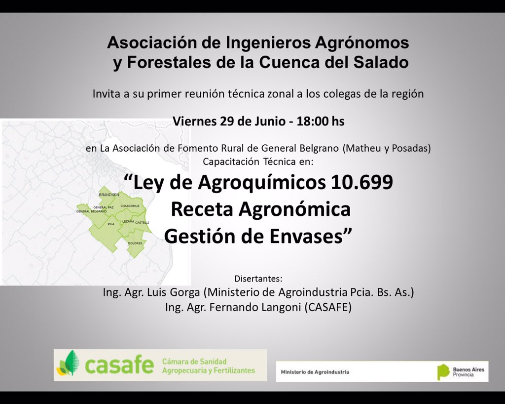 patucomendez's tweet photo. La Asoc Ing Agr cuenca del Salado invitan reunión 29/06 18:00 hs Gral Belgrano - Ley Agroquímicos Ley envases y Receta Agronómica #Minagro https://t.co/SJ5FvyHU2Q