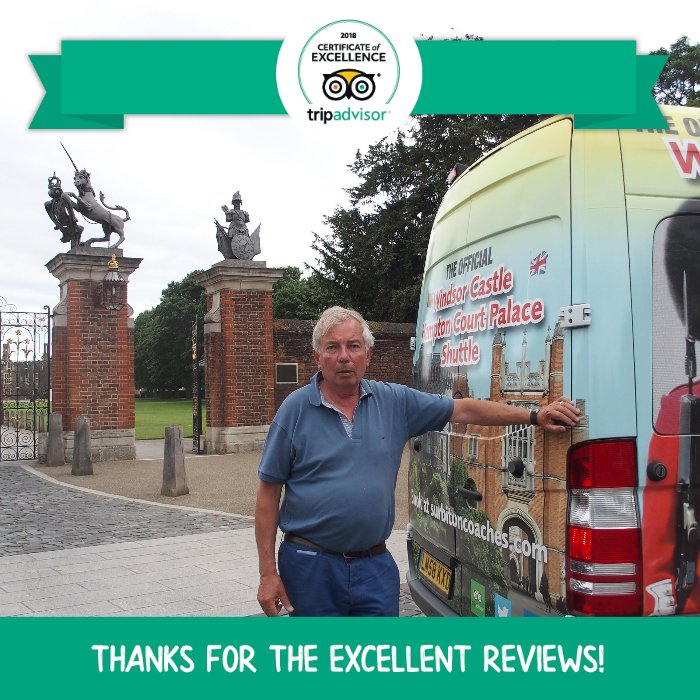 Tourshuttle's tweet image. We are thrilled to have been awarded the Certificate of Excellence 2018 by Trip Advisor.  A huge "Thank You" from all at Surbiton Coaches to all those who took the Shuttle Bus between Windsor Castle &amp;amp; Hampton Court Palace and gave us such wonderful reviews! @Tourshuttle