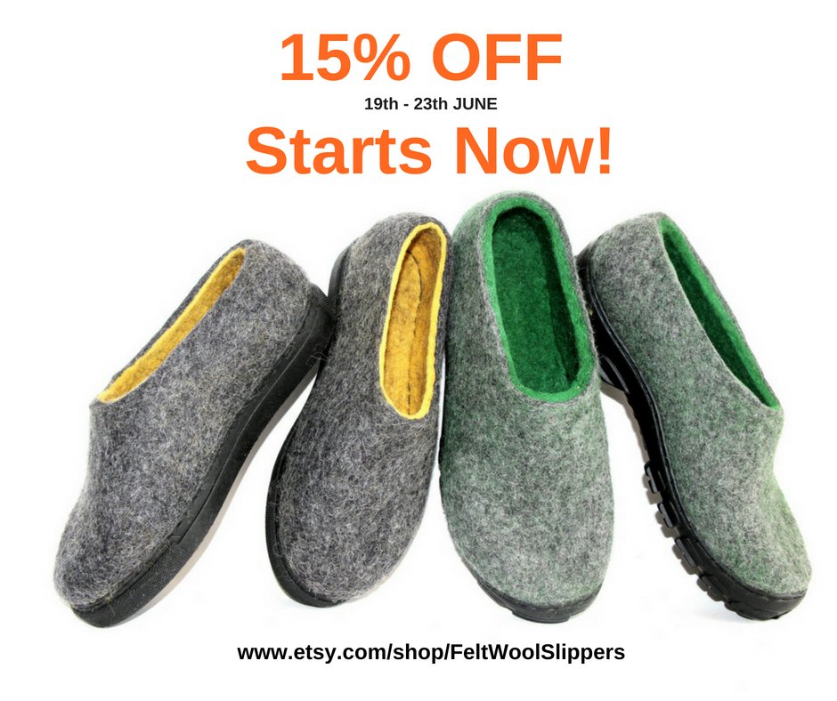 15% OFF STARTS NOW!
Handmade to fit your foot line felted slippers, wool clogs, valenki boots 
etsy.me/2JXusGU
Happy birthday Etsy!
#EtsyTurns13 #feltshoes #etsysale #makersgonnamake #feltslippers #homewear #homeshoes
 #womensslippers #mensslippers #australianwinter