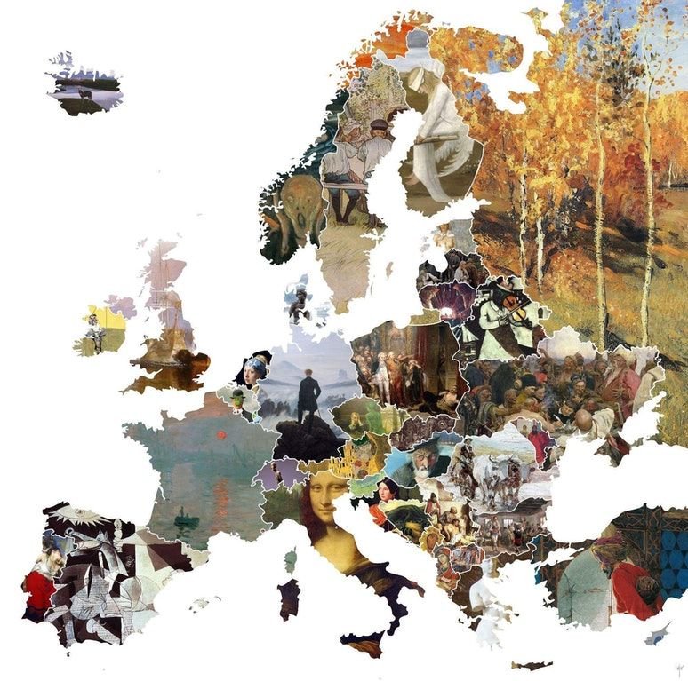 simongerman600's tweet photo. Map of Europe with each country represented by one of it's most recognizable pieces of art. How many can you name? Source: https://t.co/TbzxuYWFYG https://t.co/THLcCcfJDy