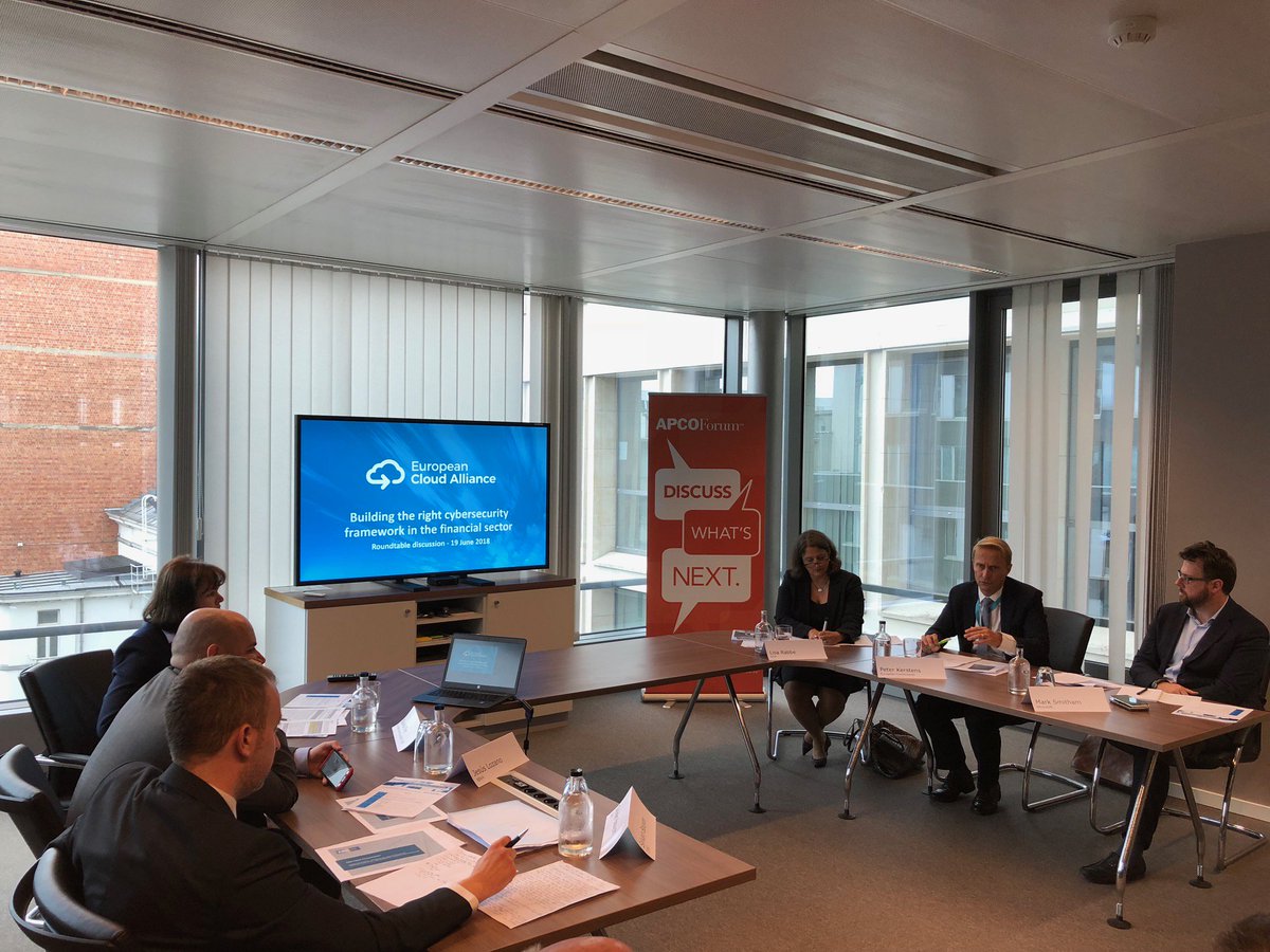 CloudAllianceEu's tweet photo. Today, we hosted 5 policy experts from the @EBA_News @EU_Commission @CEPS_thinktank @bbva and @MSEurope to talk about 'Building the right #cybersecurity framework in the #financial sector' #cloudoutsourcing #fintech #DigitalTransformation https://t.co/CZSIxSfstK