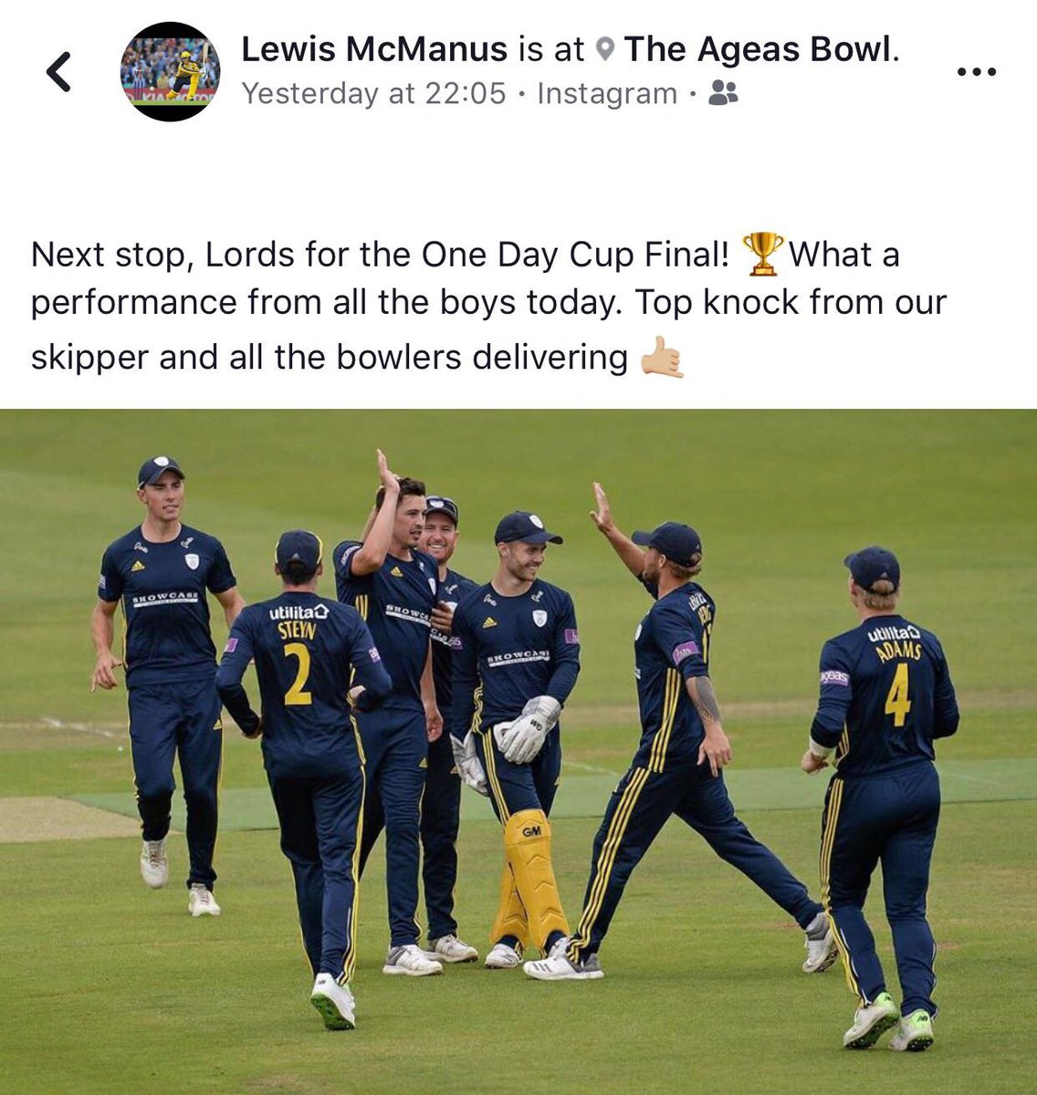 Integr8sport's tweet photo. Congratulations to Lewis and the rest of the Hampshire Cricket team as they book there place in the RLODC Final on the 30th June! 

We are looking forward to having him back coaching with us next Monday at Sparsholt Primary School! https://t.co/OPTJUmta49