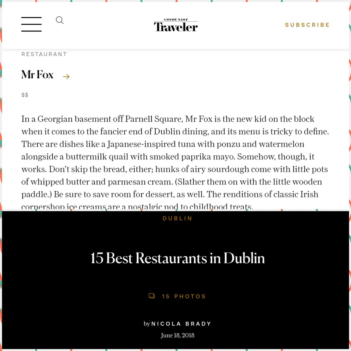Honoured to be included in <a href="/CNTraveler/">Condé Nast Traveler</a> Dublins 15 best restaurants. Thanks <a href="/Nicola_Brady/">Nicola Brady</a>  for the inclusion. Awesome!