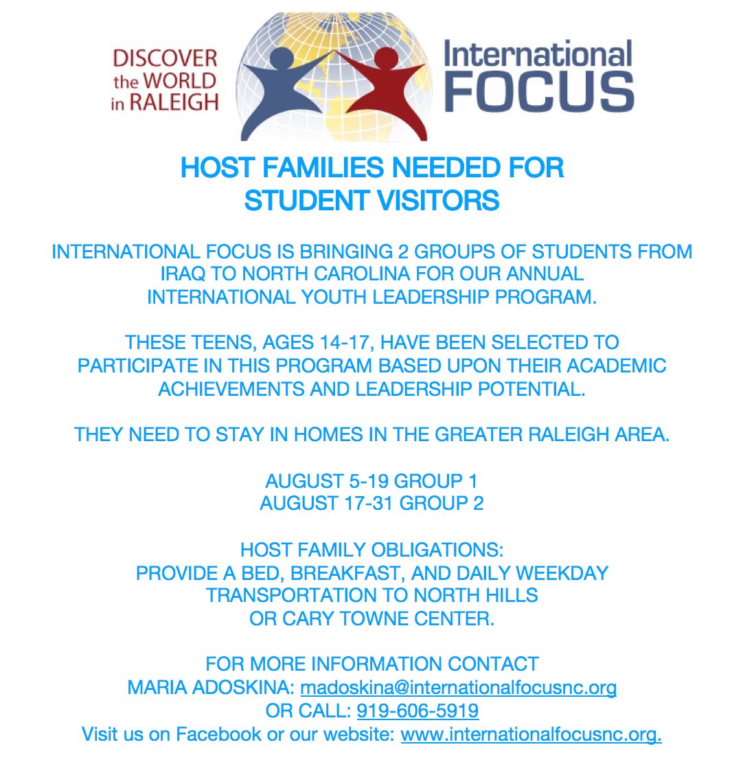 IFPrograms's tweet image. International Focus is looking for host families this August! We are excited to host visiting students from Iraq - but need you to help spread the word! Dates and further info provided below, please let us know as soon as possible if you are able to host!