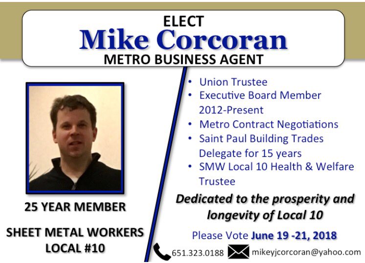 Mike's big election starts today! Help spread the word! Please send some positive vibes and prayers this way! #sheetmetallocal10 #local10 #metrobusinessagent #sheetmetalworkers #smwlocal10 #votemike #sheetmetal #sheetmetalfab