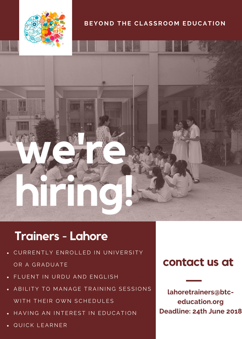 btceducation1's tweet photo. Beyond The Classroom Education is looking for its next batch of trainers!
Follow these 3 steps to apply:
1. Write a covering letter
2. Attach your CV
3. Send to lahoretrainers@btc-education.org by 24th June!

#BTCLearning #BeyondTheClassroomEducation #BTCCareers https://t.co/U42wu1O3rz